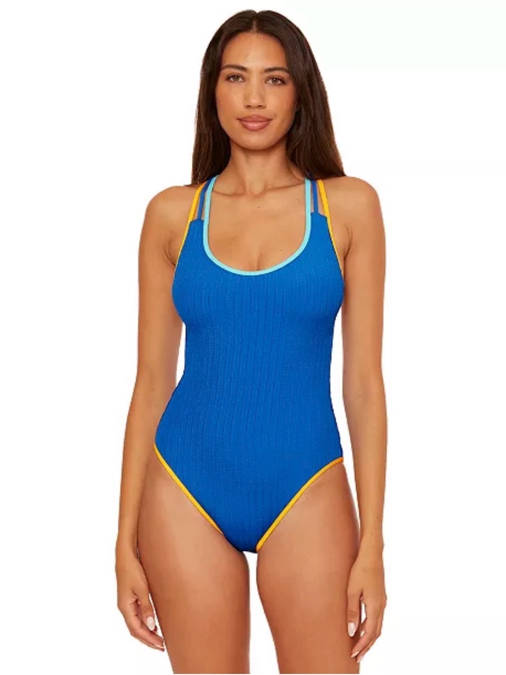 BECCA Blue Ribbed One-Piece Swimsuit with Yellow Trim